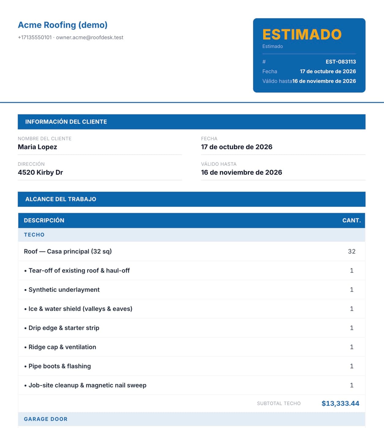 Roofing estimate for the customer in RoofDesk